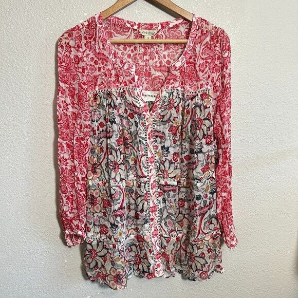 Lucky Brand Womens Blouse M Red Floral Button Up Rayon Semi Sheer - Picture 2 of 8